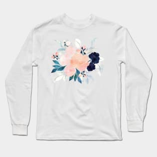 Elegant Blue Pink Mint Flowers Watercolor Floral Long Sleeve T-Shirt